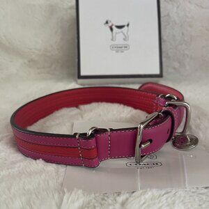 COACH STRIPE HOT PINK & RED-ORANGE DOG COLLAR S NECK ALL LEATHER SIZE: L